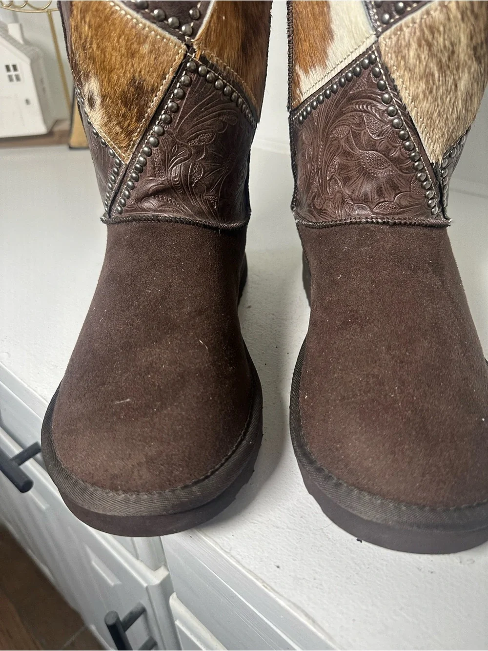 Montana West Women’s Size 8 Brown Western Winter Boots Cowhide Studded Mid Calf